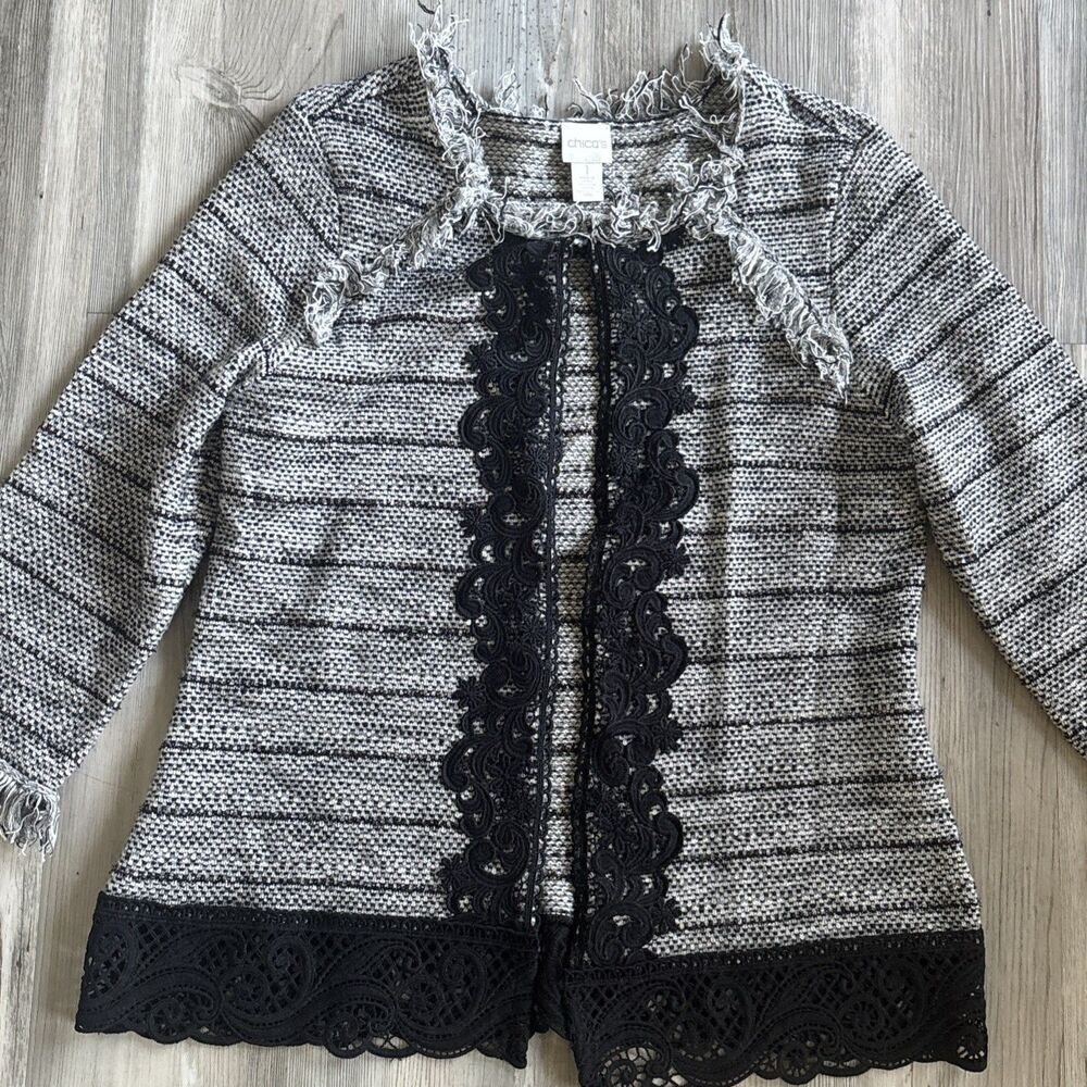 CHICO’S 1 Tweed Lace Fringe Open Front Cardigan Jacket Wool Women’s Size Medium